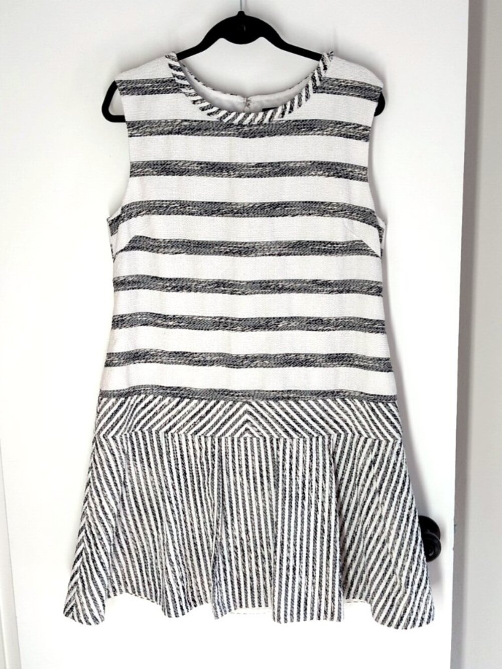 J. Crew white/black tweed striped drop waist dress 14 box pleat sleeveless tank